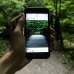 A hand holds a smartphone capturing a forest bridge in a natural setting.